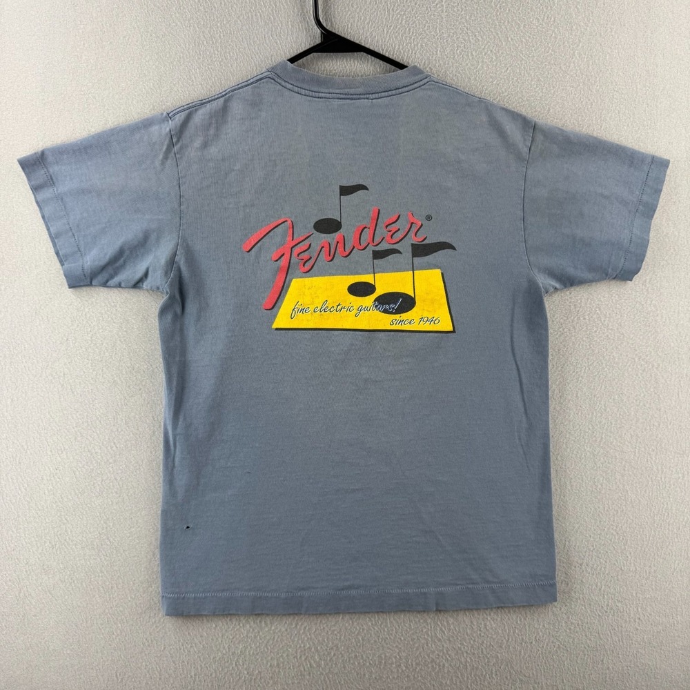 Vintage Fender Guitars Shirt Mens Medium Blue Cotton Long Sleeve Tee 90s USA